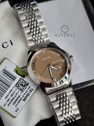 Gucci Men’s Analog Quartz Stainless Steel Brown Dial 38mm Watch YA126406